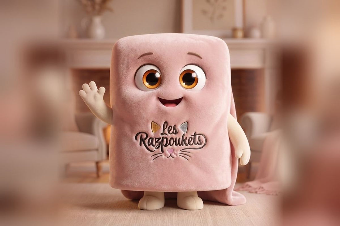 La mascotte plaid Les Razpoukets rose, qui salue devant une cheminée