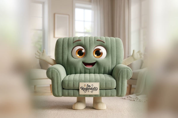 La mascotte canapé Les Razpoukets, étiquette brodée, installée dans un coin cocooning