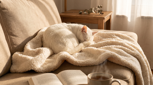 Chat endormi en boule sur un plaid sherpa Razpoukets dans un salon cosy en lumière dorée