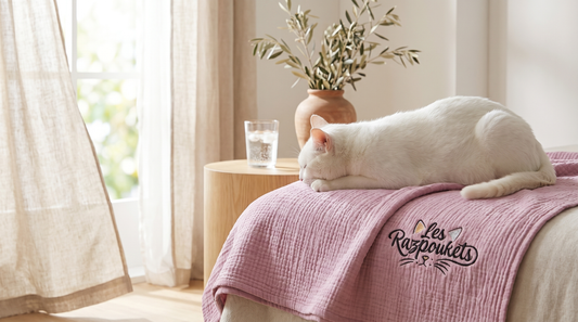 Chat tigré endormi sur un plaid coton blanc respirant Razpoukets près d'une fenêtre ensoleillée d'été