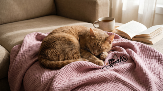 Chat tendre regardant son humaine avec affection, clignement lent en cocon Razpoukets