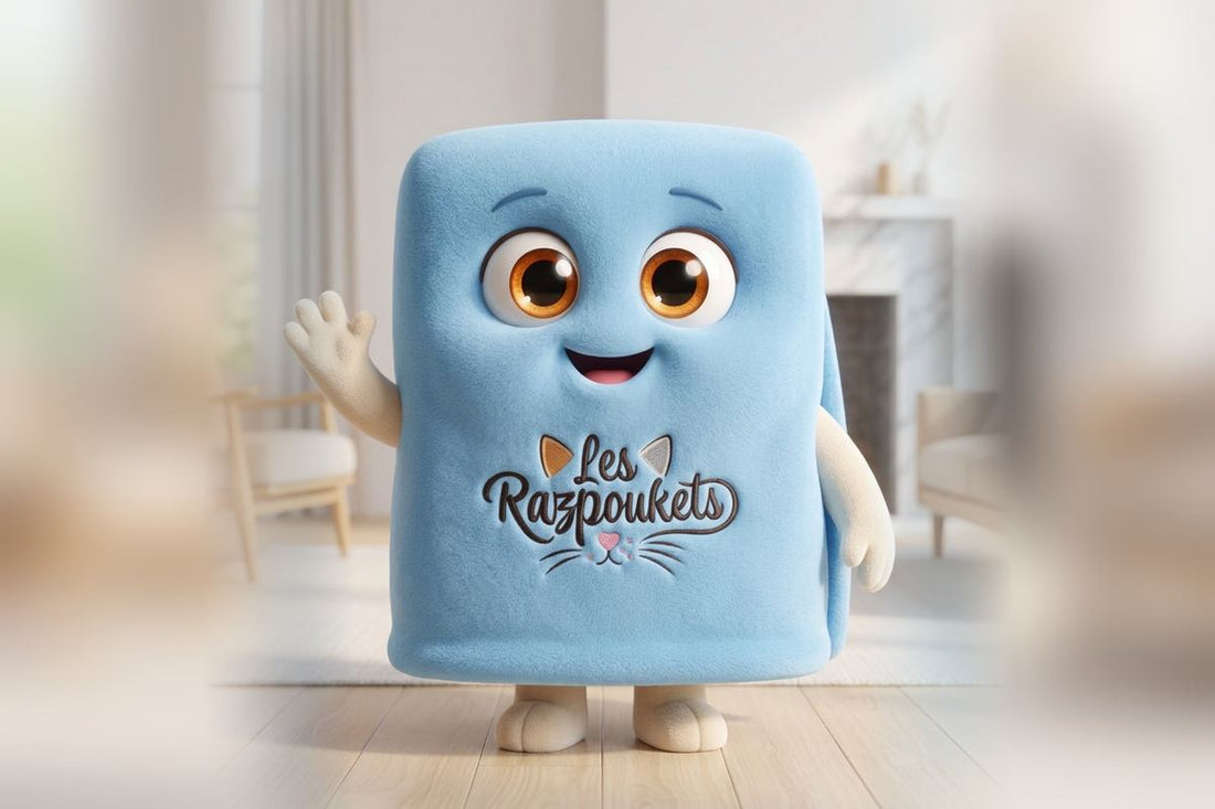 La mascotte plaid Les Razpoukets bleu ciel, propre et bras levés