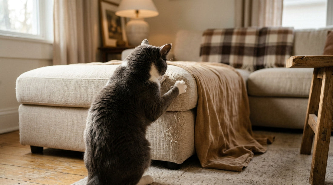 Chat gris et blanc qui fait ses griffes sur le coin d'un canapé beige, salon cosy Les Razpoukets