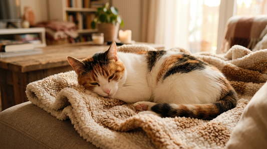 Mocca, la chatte calico des Razpoukets, lovée au chaud sur un plaid en sherpa crème et caramel dans un salon cosy
