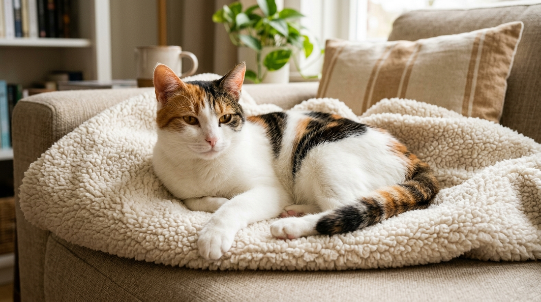 Mocca, la chatte calico des Razpoukets, installée sur un moelleux plaid en sherpa crème et caramel dans un salon cosy