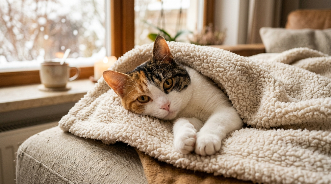 Mocca, la chatte calico des Razpoukets, blottie au chaud dans un épais plaid en sherpa