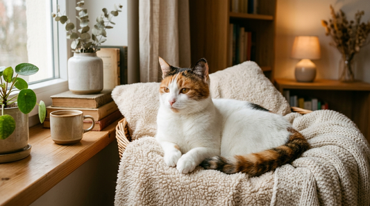 Mocca, la chatte calico des Razpoukets, installée dans un coin cocooning avec coussin et plaid