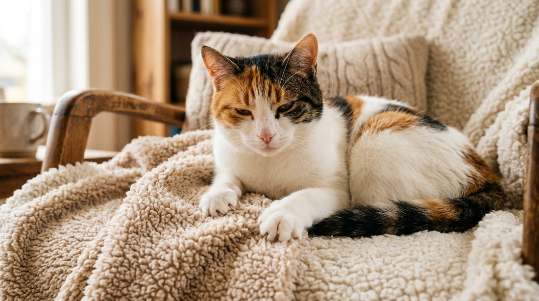 Mocca, la chatte calico des Razpoukets, en train de pétrir une couverture moelleuse