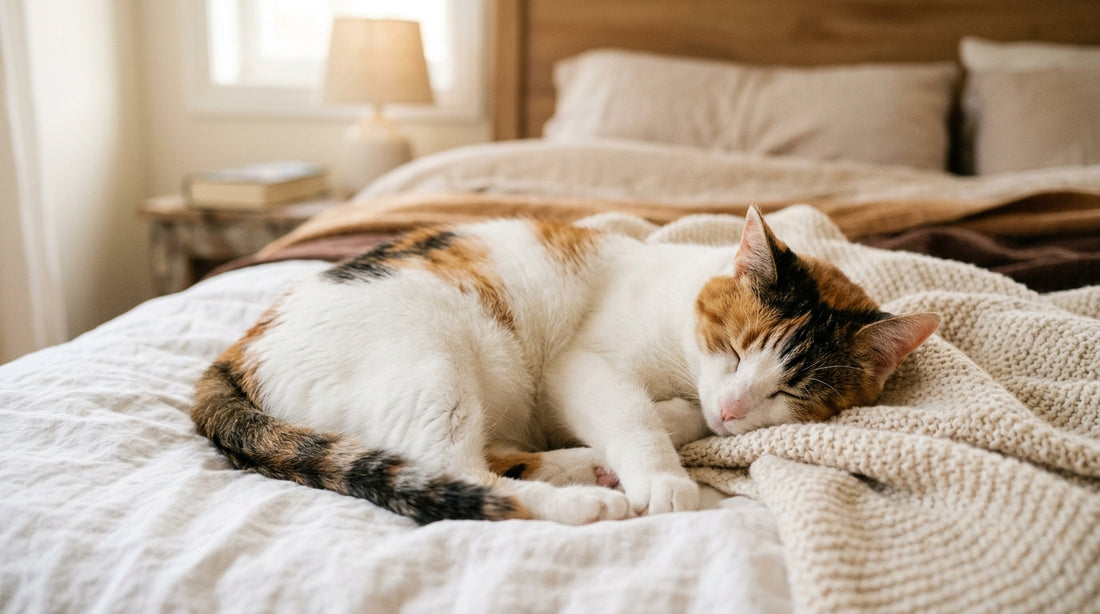 Mocca, la chatte calico des Razpoukets, endormie sur un lit recouvert d'un plaid douillet