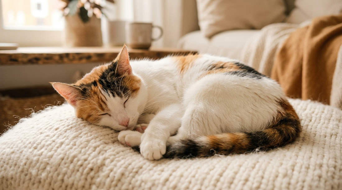 Mocca, la chatte calico des Razpoukets, profondément endormie sur un coussin moelleux