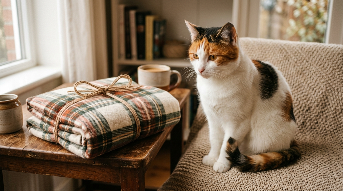 Mocca, la chatte calico des Razpoukets, près d'un plaid plié comme un cadeau