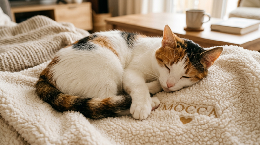 Mocca, la chatte calico des Razpoukets, lovée sur un plaid personnalisé brodé