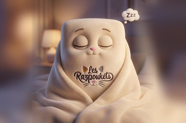 La mascotte plaid Les Razpoukets endormie, roulee dans sa couverture