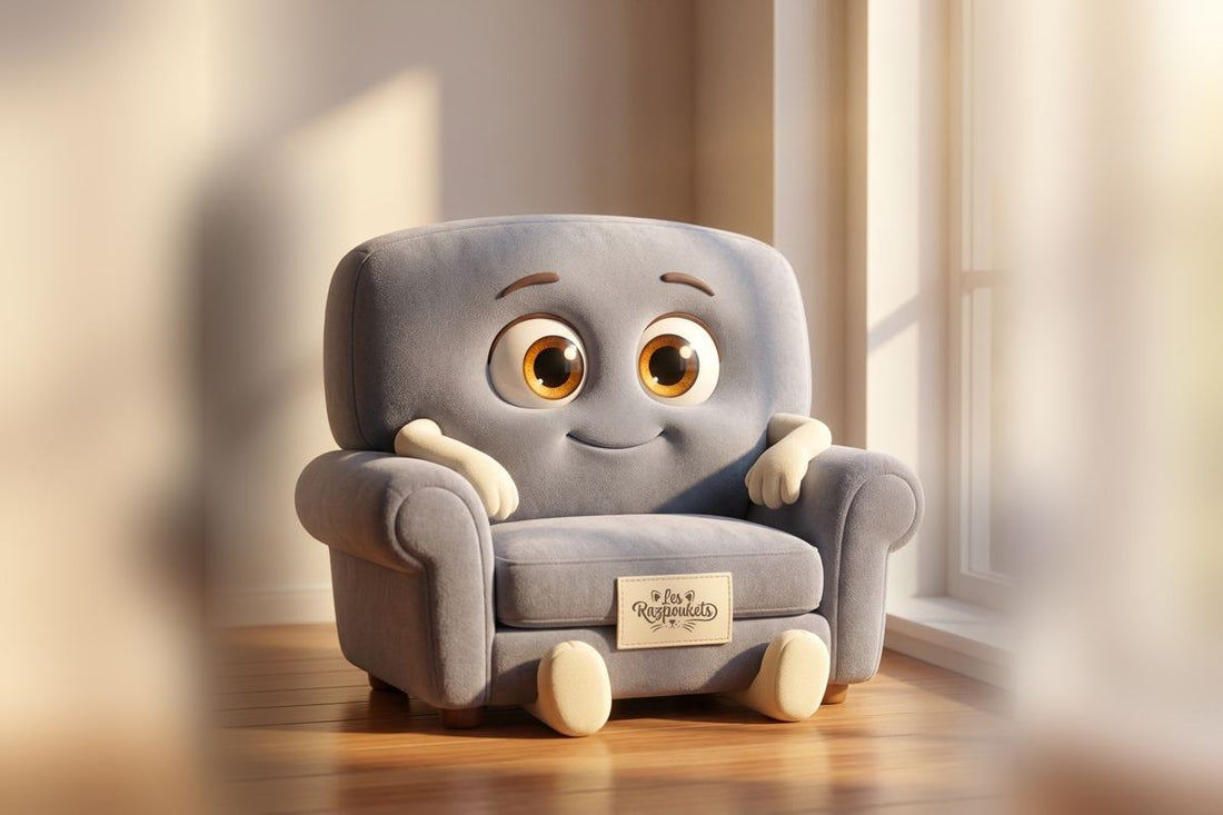 La mascotte canapé Les Razpoukets, étiquette brodée, assise dans un salon