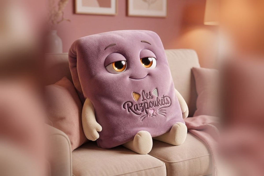 La mascotte plaid Les Razpoukets mauve, allongée sur un canapé