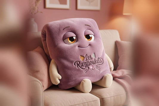 La mascotte plaid Les Razpoukets mauve, allongée sur un canapé