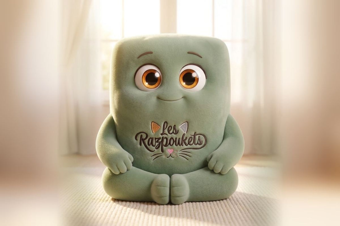 La mascotte plaid Les Razpoukets vert sauge, assise au frais