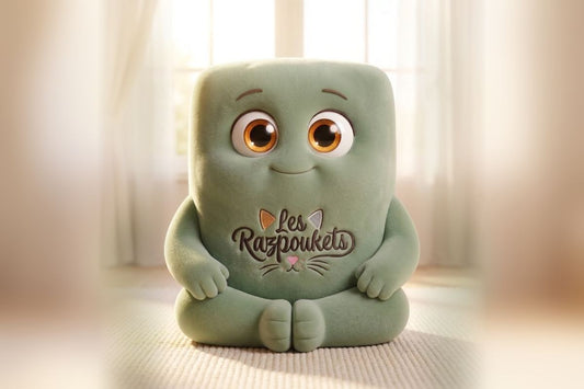 La mascotte plaid Les Razpoukets vert sauge, assise au frais