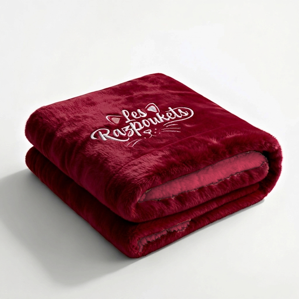 Plaid Razpoukets bordeaux en sherpa double face, plié, broderie blanche Les Razpoukets