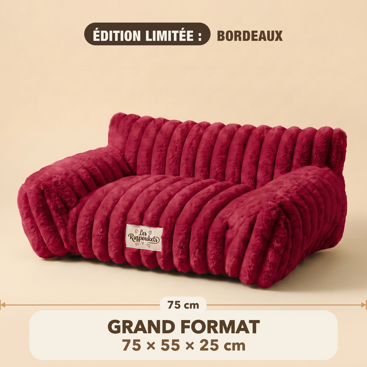 Canapé Cocoon Razpoukets bordeaux édition limitée, grand format 75 × 55 × 25 cm, velours côtelé