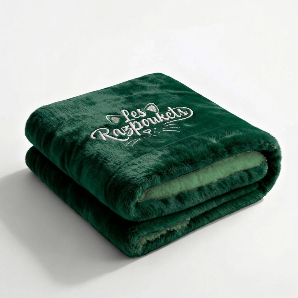Plaid Razpoukets vert émeraude en sherpa double face, plié, broderie blanche Les Razpoukets