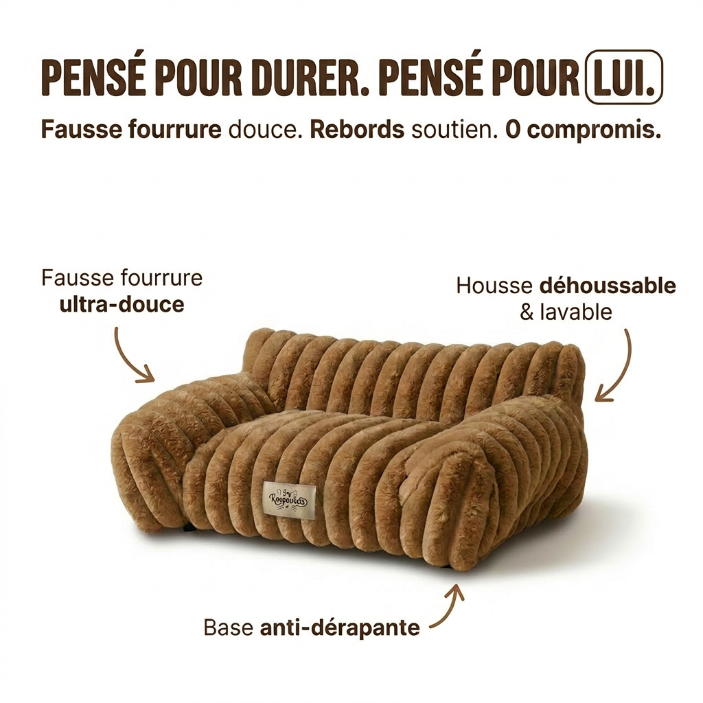 Canapé pour chat Razpoukets en fausse fourrure marron caramel, étiquette brodée