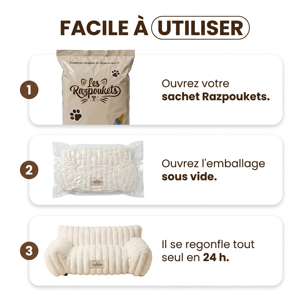 Canapé pour chat livré compressé sous vide, se regonfle en 24 h