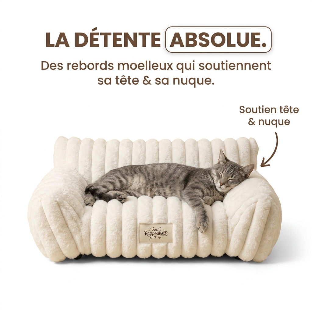 Chat détendu, tête soutenue par les rebords moelleux du canapé Razpoukets