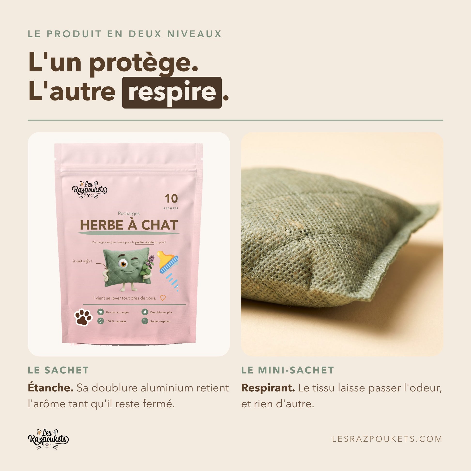 Le sachet étanche à doublure aluminium et le mini-sachet en tissu respirant