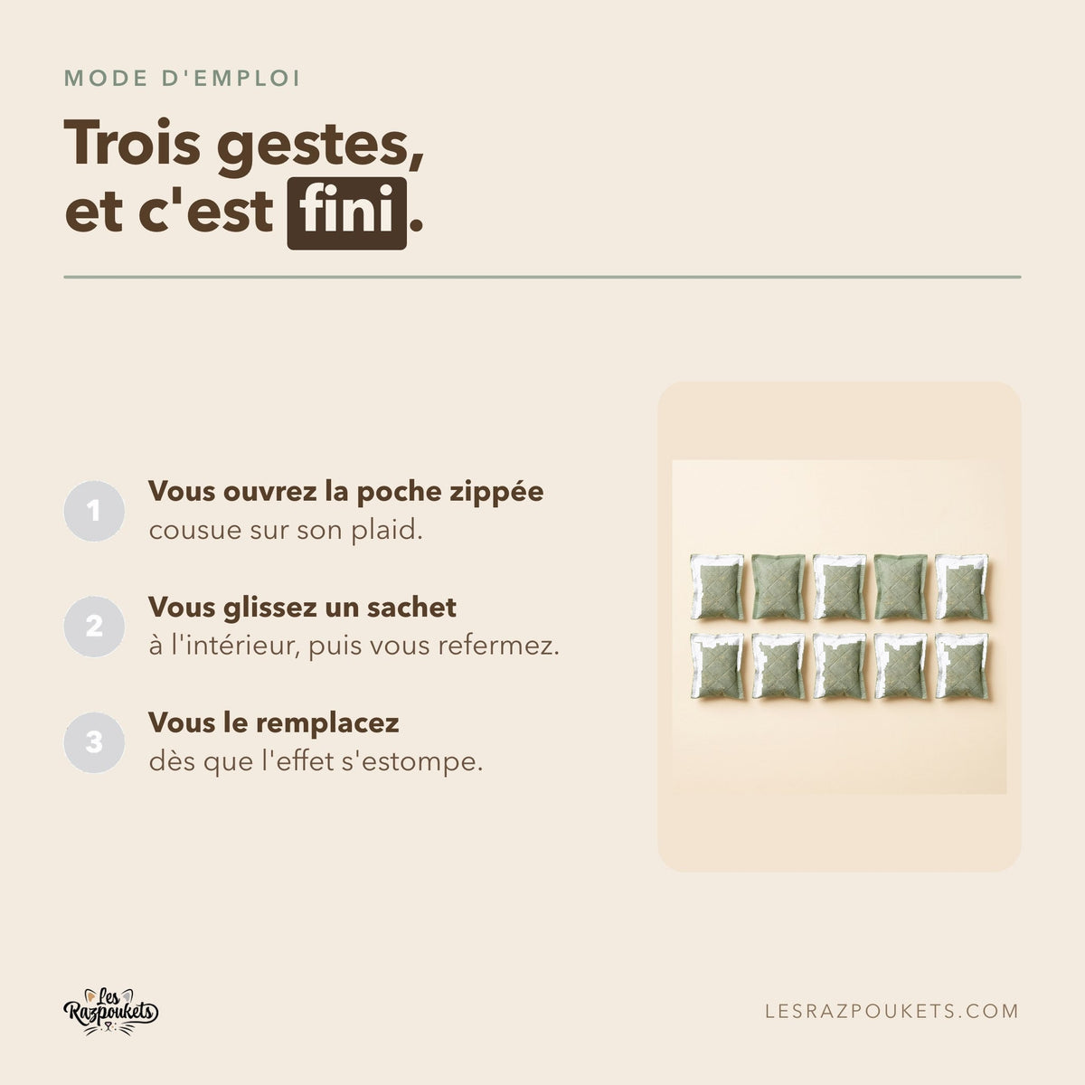 Les trois étapes pour glisser un mini-sachet d'herbe à chat dans la poche du plaid