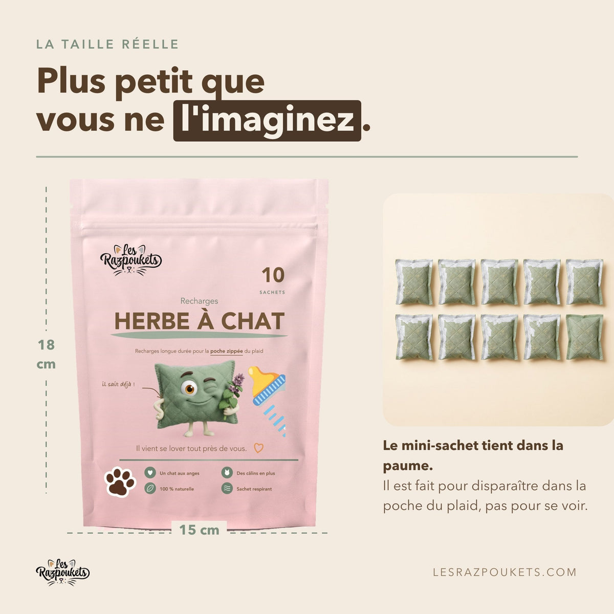 Dimensions du sachet d'herbe à chat, 15 cm de large sur 18 cm de haut