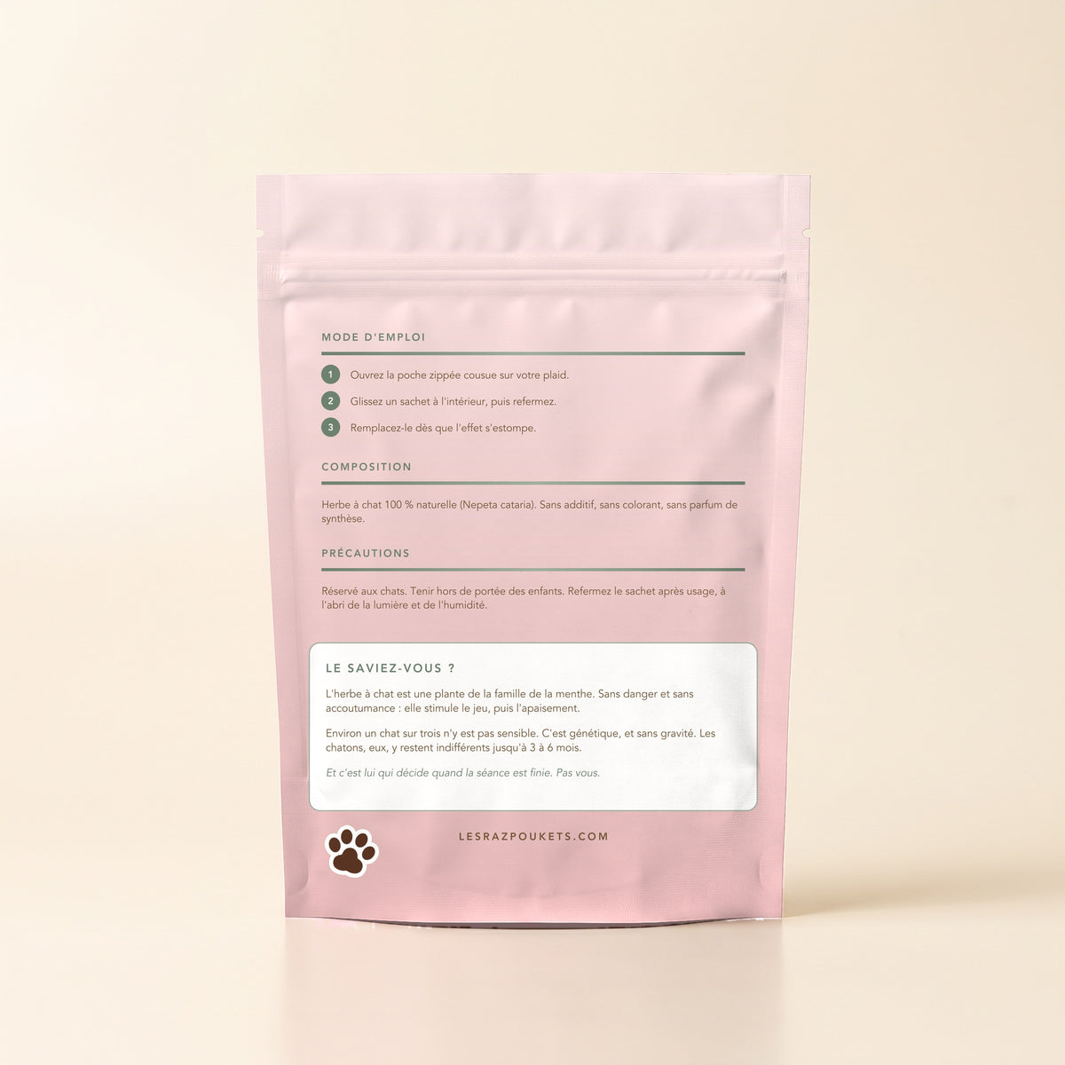 Dos du sachet d'herbe à chat avec le mode d'emploi et la composition