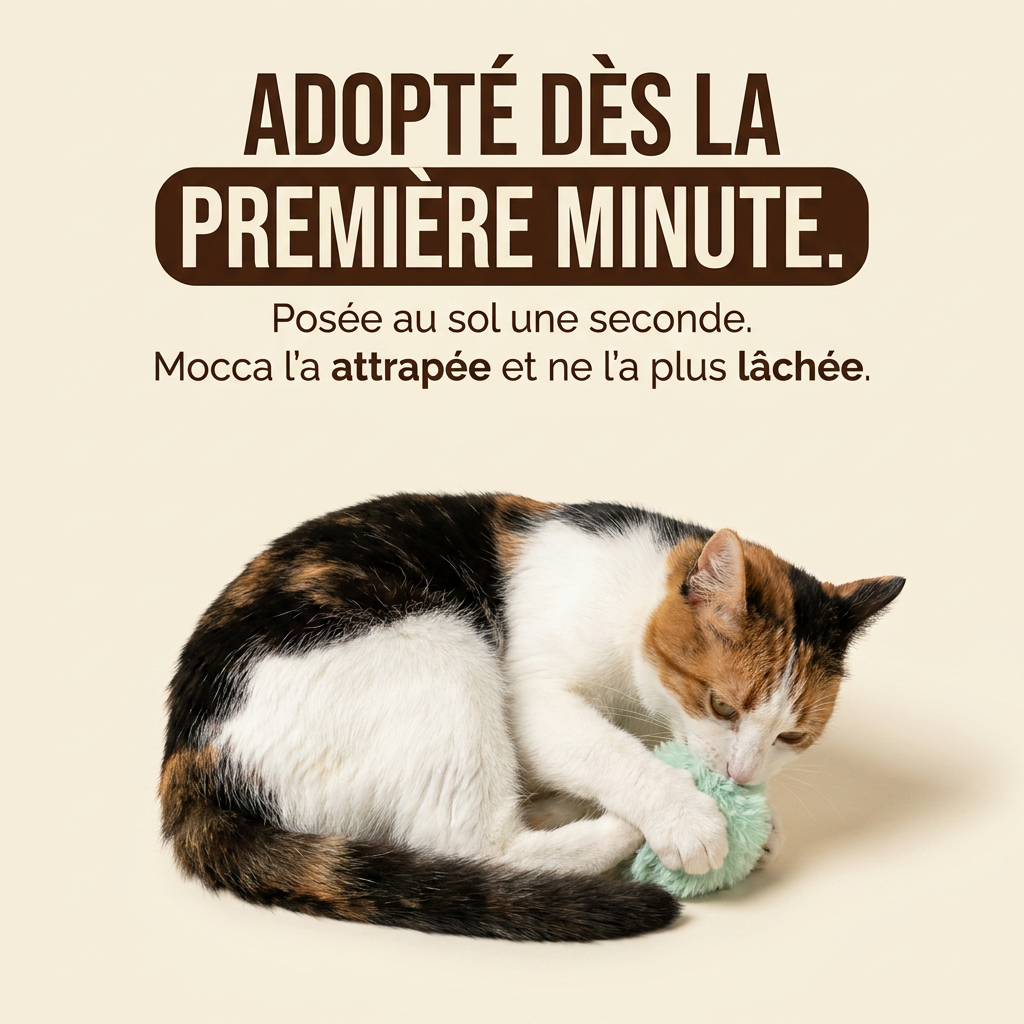 Mocca, chatte tricolore, mordille une queue en peluche verte garnie d'herbe à chat