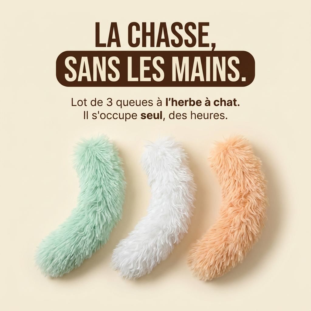 Lot de 3 jouets à l'herbe à chat en forme de queue en peluche, coloris vert menthe, blanc givré et pêche