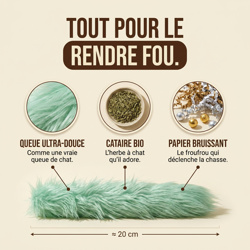 Caractéristiques du jouet à mordiller pour chat : cataire, papier bruissant et longueur d'environ 20 cm