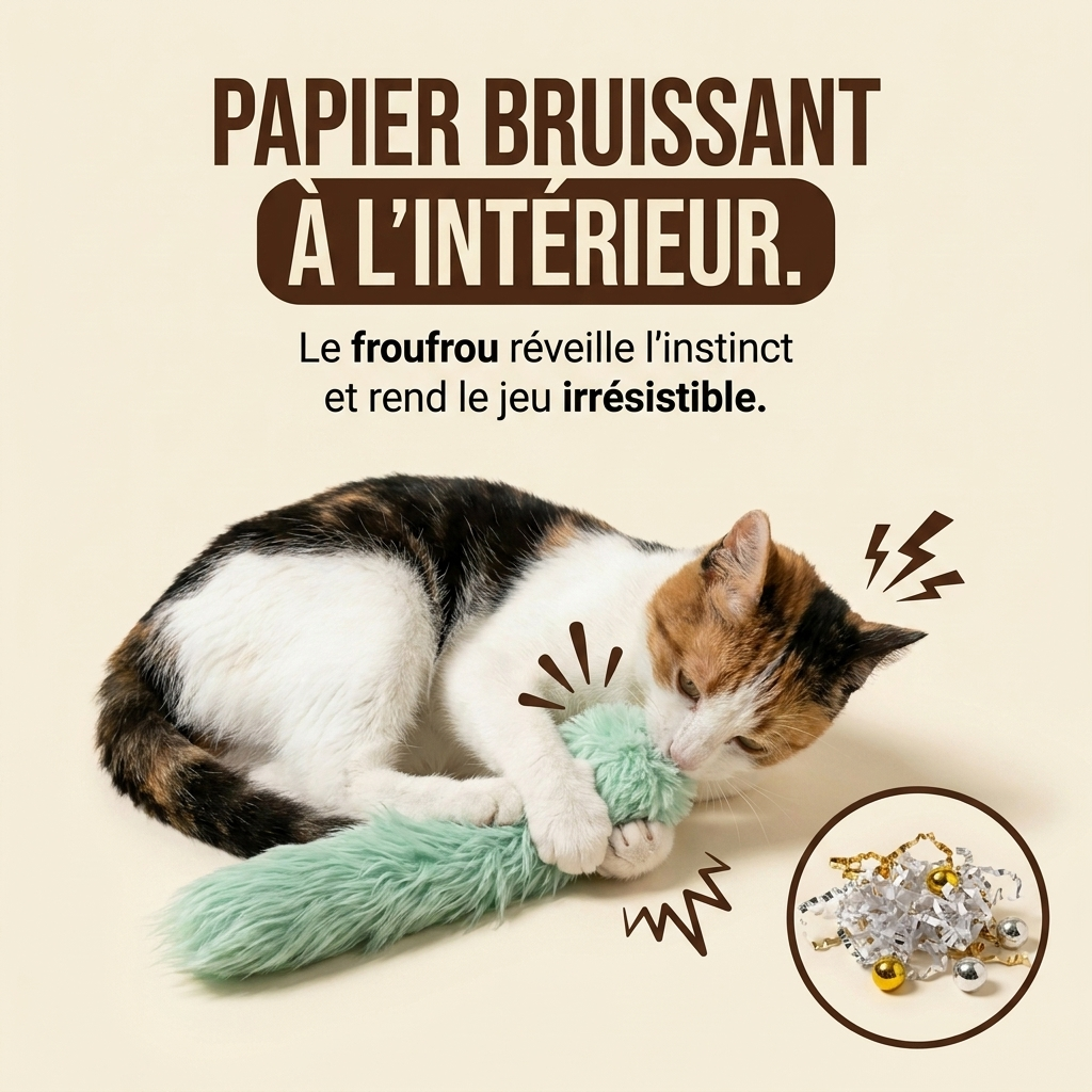Chat qui joue avec la queue en peluche au papier bruissant, jouet pour chat d'intérieur
