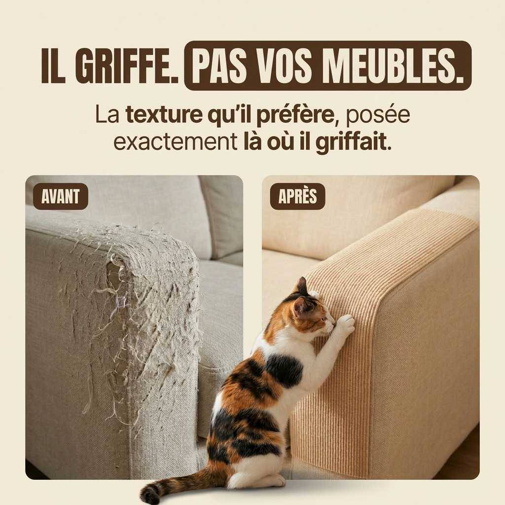 Protège canapé anti griffes de chat — avant après sur accoudoir avec griffoir adhésif