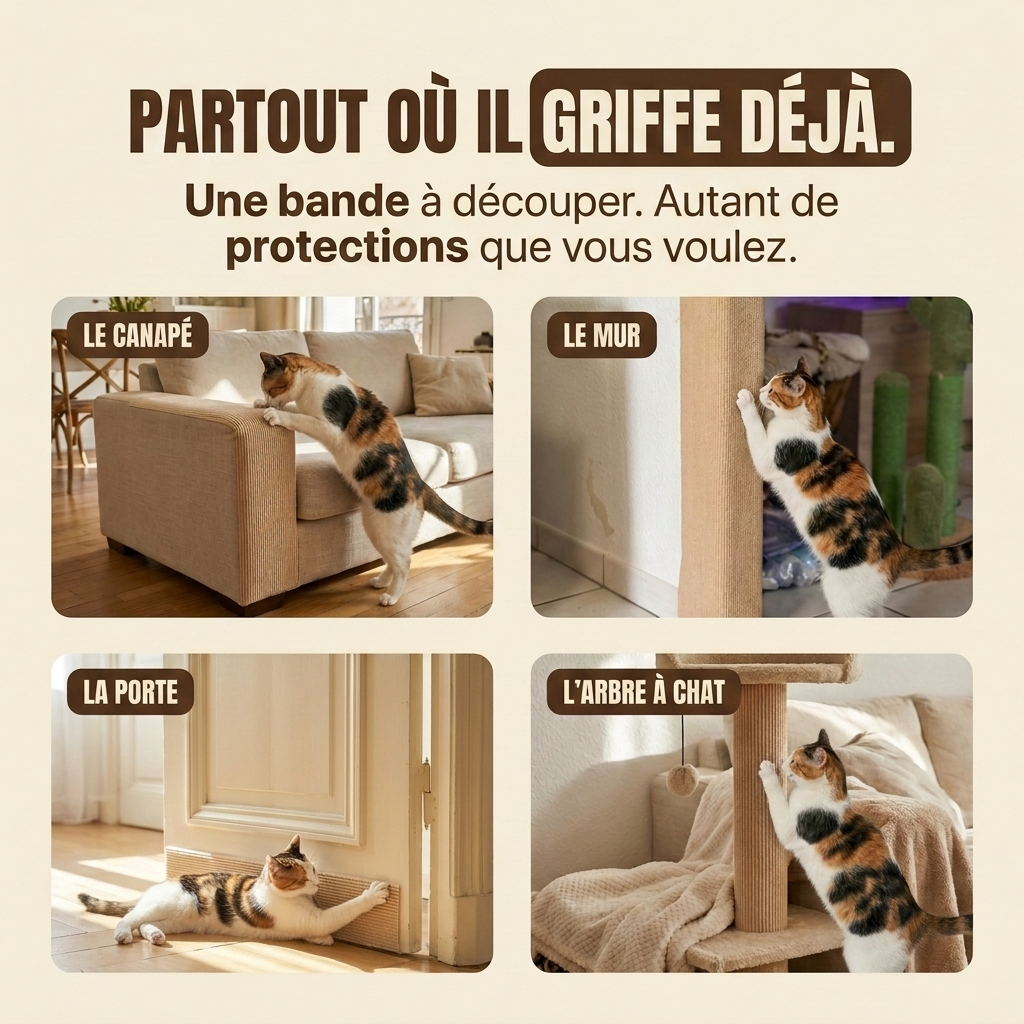 Tapis griffoir auto-adhésif découpable sur canapé, mur, porte et arbre à chat