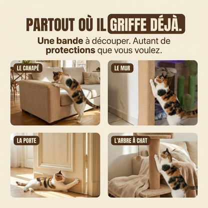 Tapis griffoir auto-adhésif découpable sur canapé, mur, porte et arbre à chat