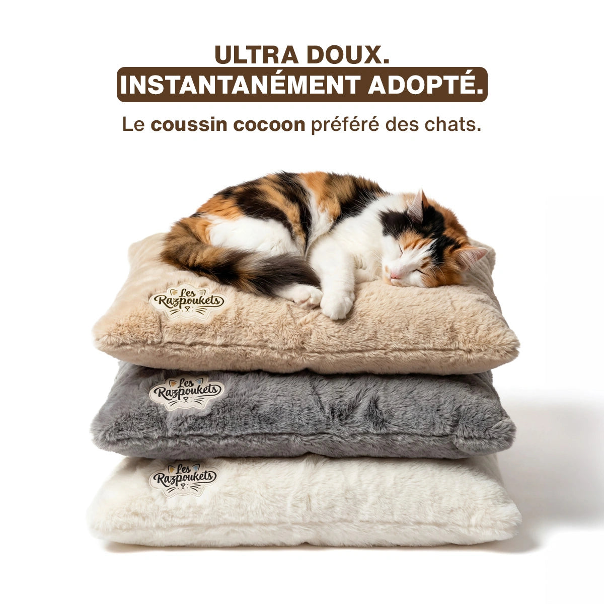 Coussin XXL pour chat Cocoon Razpoukets® — 46×74 cm fourrure microfibre