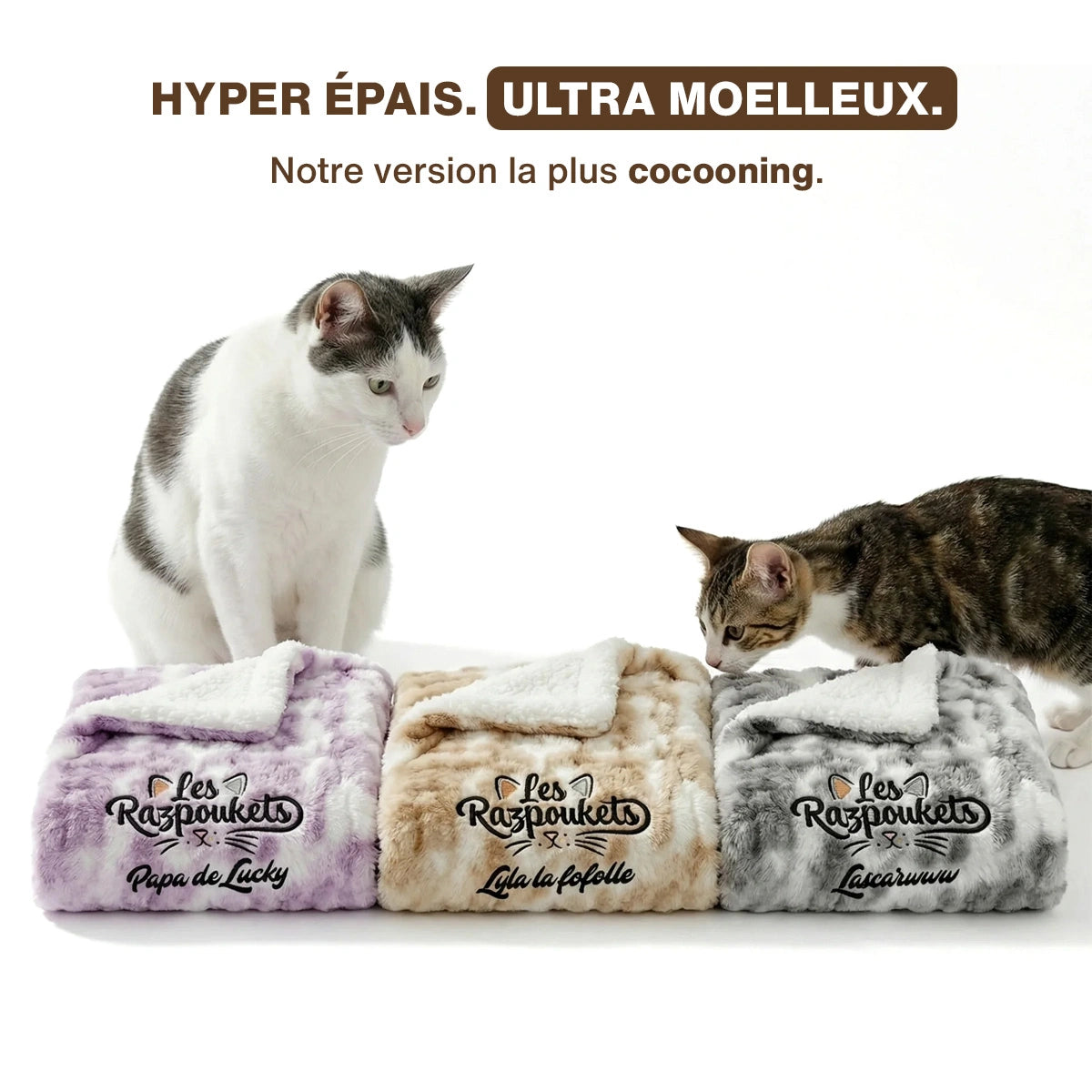 Plaid Cocon brodé prénom — couverture sherpa polaire pour chat