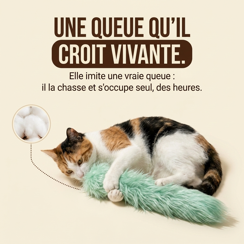 Chat en jeu autonome avec une queue en peluche réaliste à mordiller