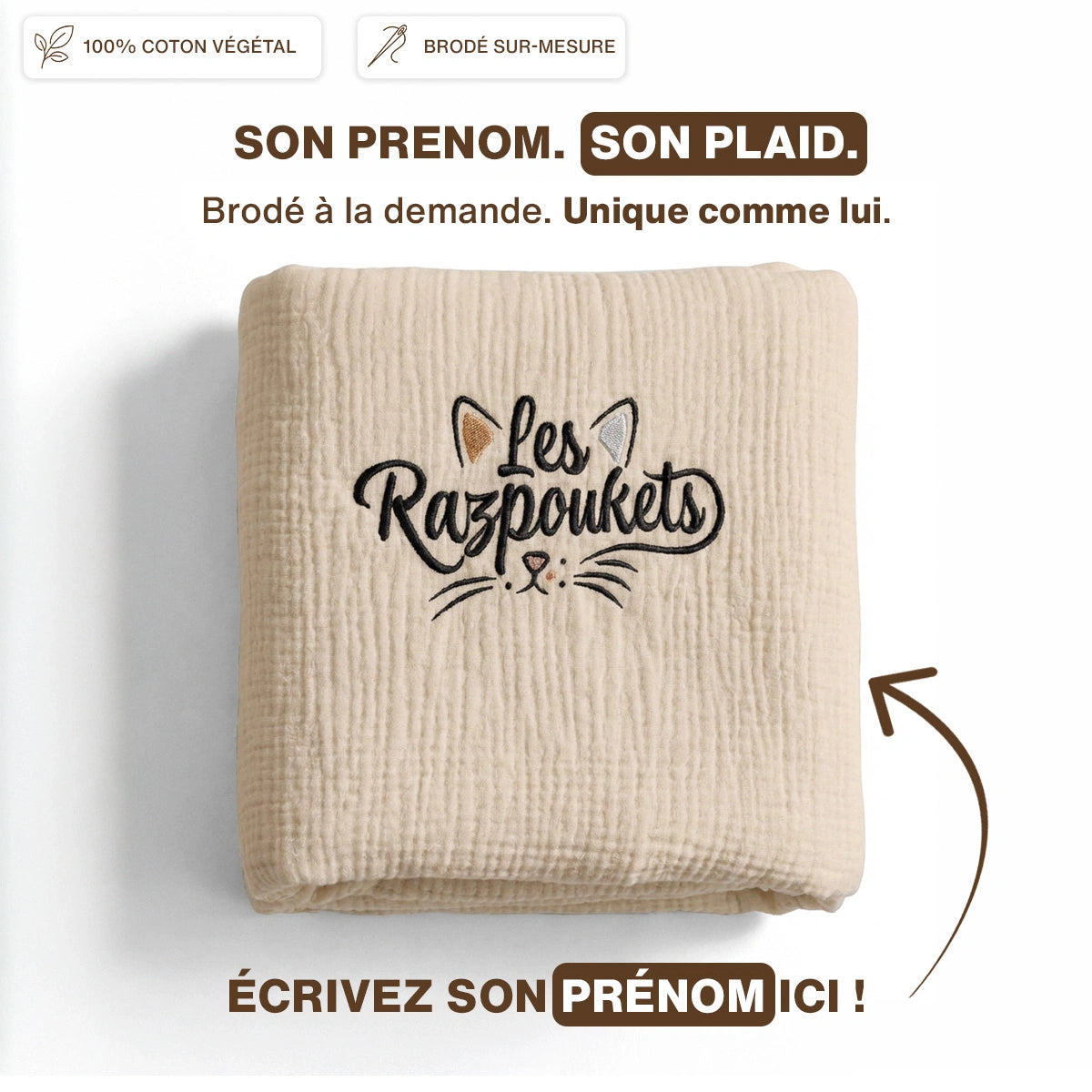 Plaid coton personnalisé prénom chat — mousseline brodée Les Razpoukets®