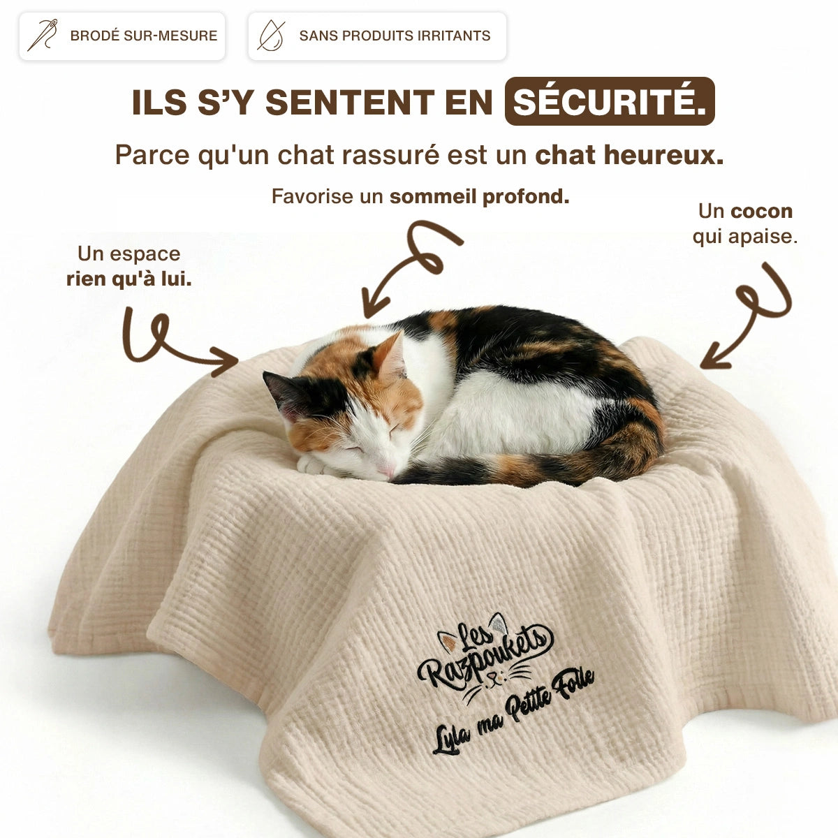Plaid coton personnalisé Les Razpoukets® — cadeau amoureux des chats