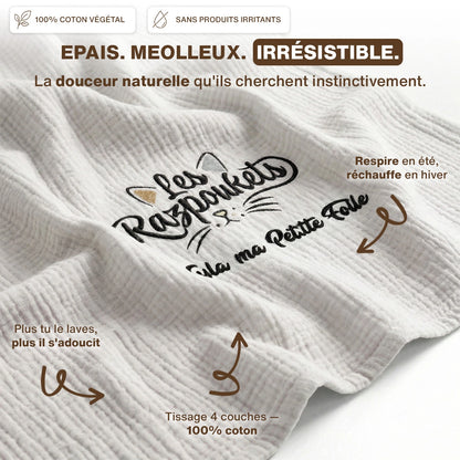Couverture coton brodée prénom chat — pièce unique