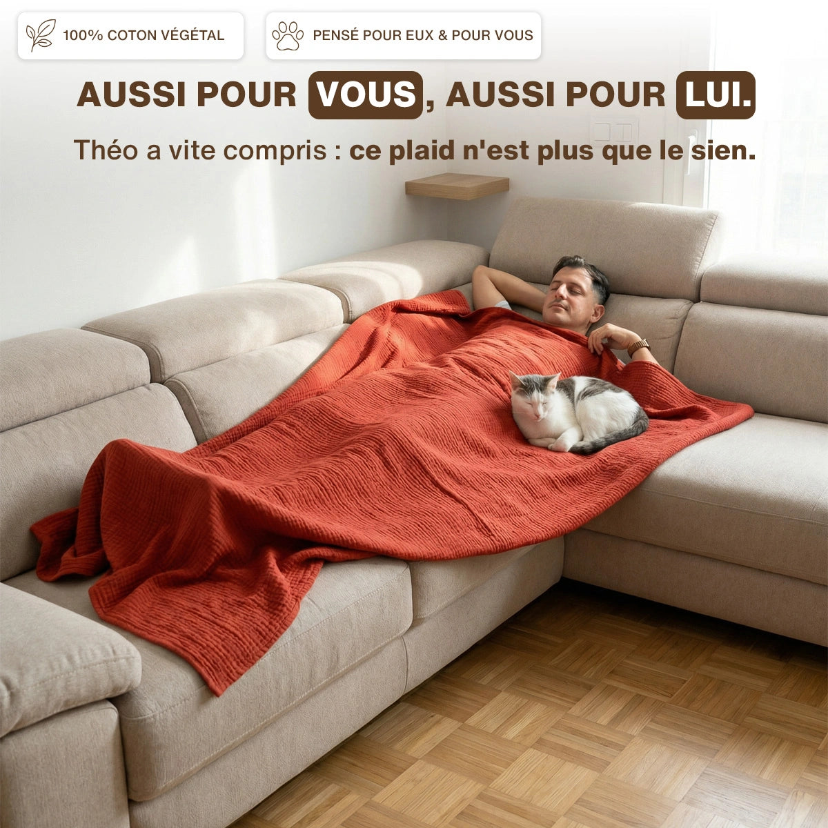 Plaid coton mousseline brodé — édition Terracotta