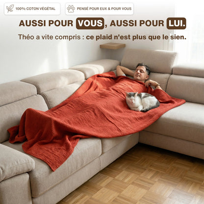 Plaid coton mousseline brodé — édition Terracotta