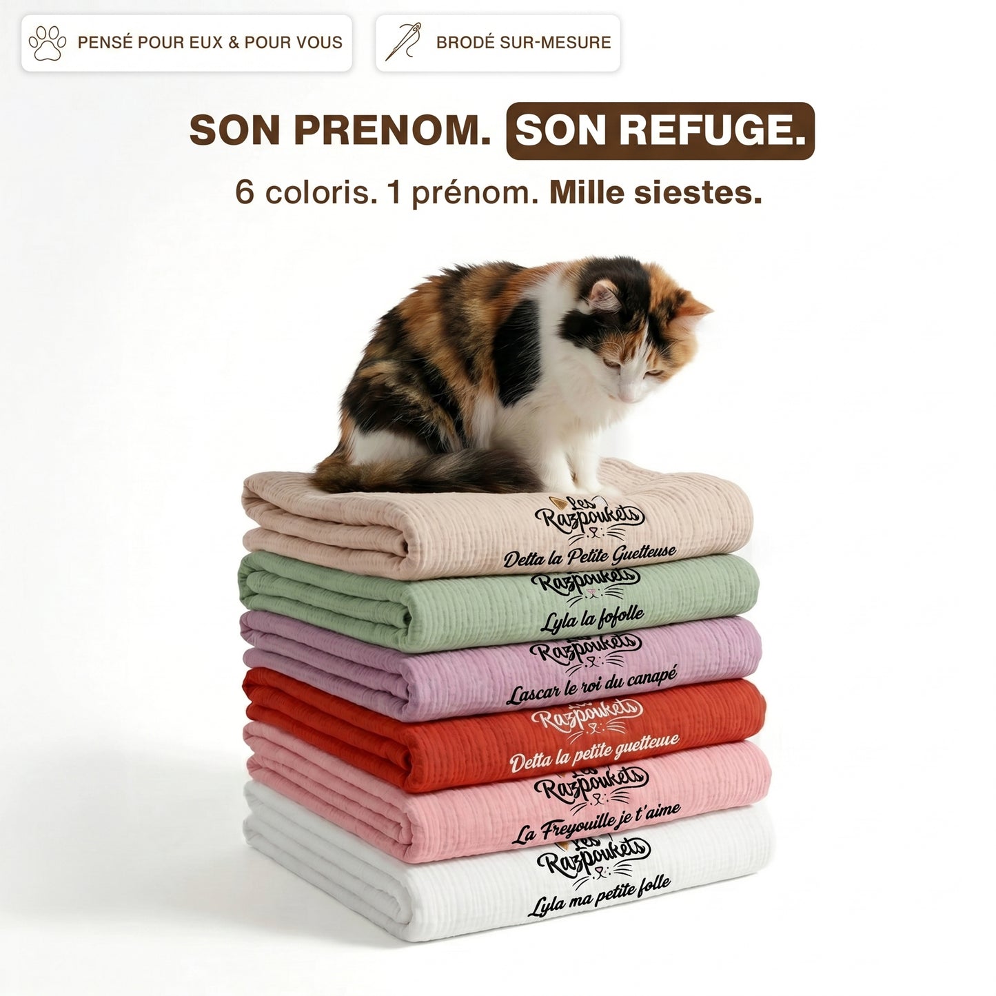 Plaid coton brodé chat — broderie sur tissage naturel