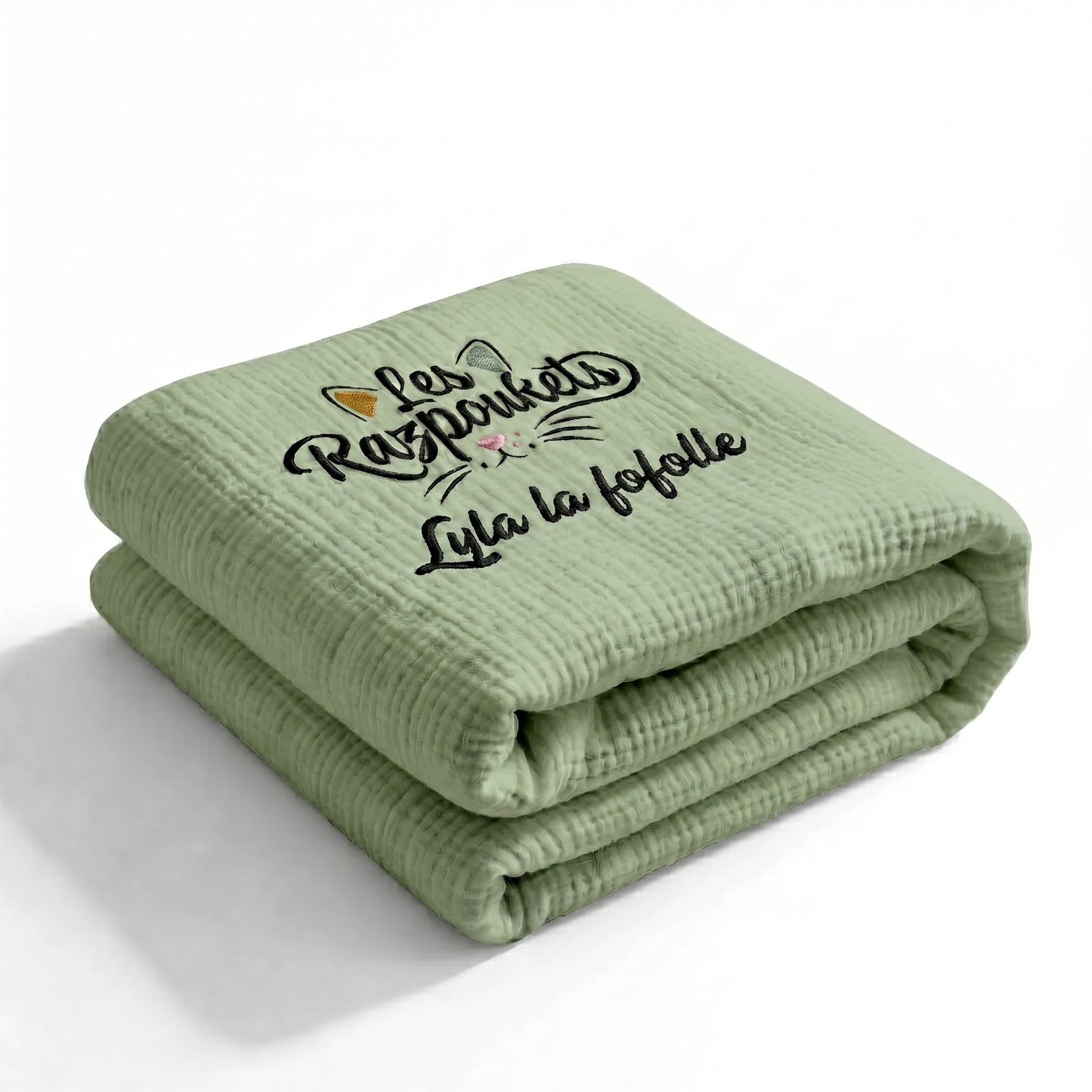 Plaid coton brodé — peau sensible chat hypoallergénique