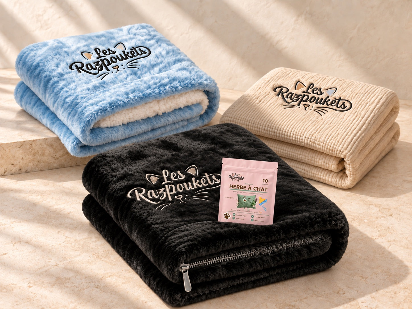 Plaid noir avec zip visible et sachet d’herbe à chat, plaid bleu et plaid coton beige